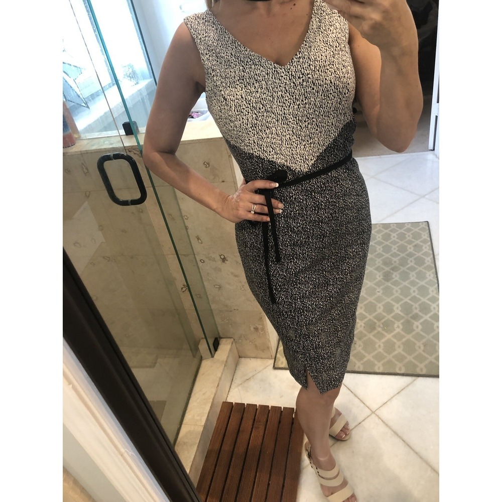White House Black Market Houndstooth Chevron Belted Dress White Black 8